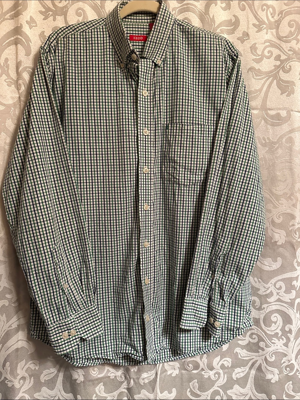 Izod Green White & Blue Micro-Check Button-Down Shirt